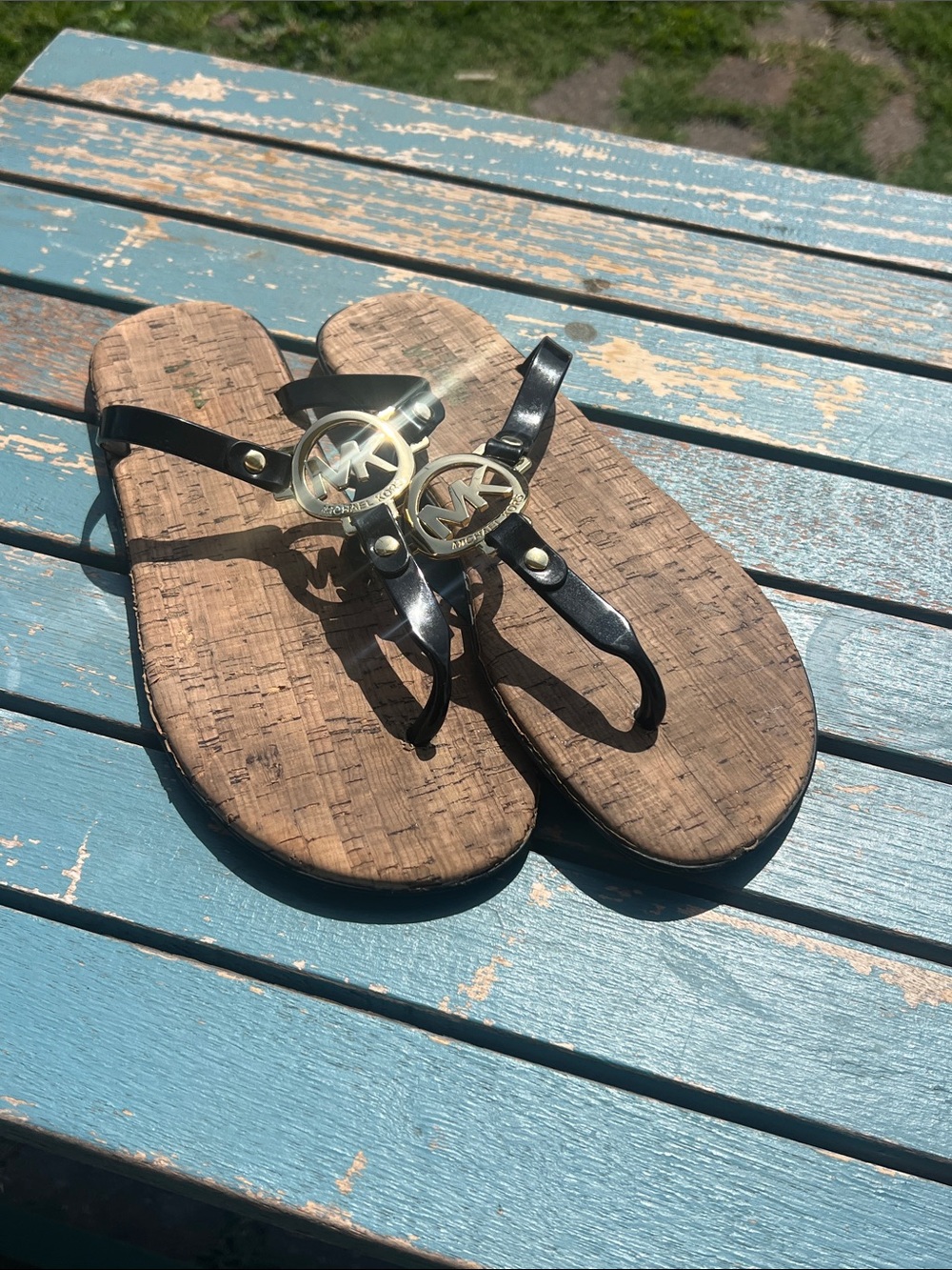 Michael Kors Black and Gold Cork-Style Thong Sandals